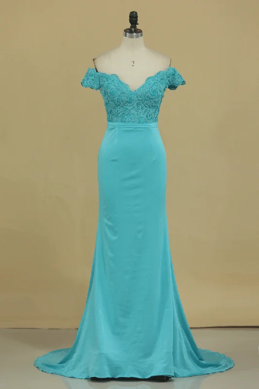 Spandex Prom Dresses Off The Shoulder With Applique Sweep Train