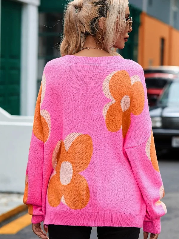 Warm Knit Sweater with Floral Pattern Zippered Front Buttoned Front Snap Front