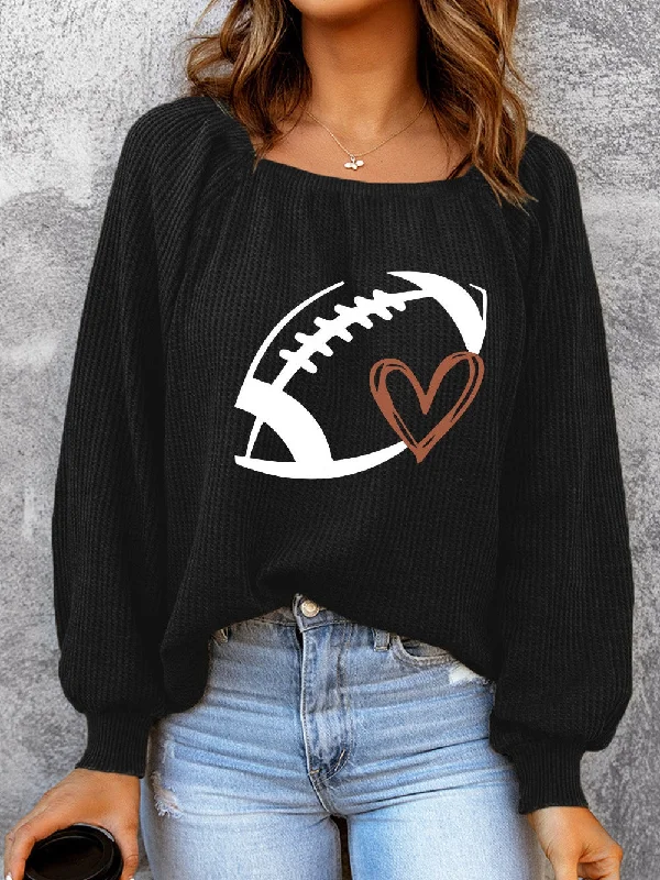 Heart and Football Print Waffle Knit Sweater Turtle Neck Boat Neck Asymmetrical Neck