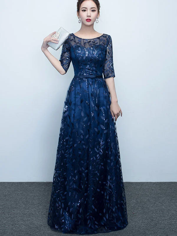 Sequined Blue Red A-Line Full Length Prom Dress