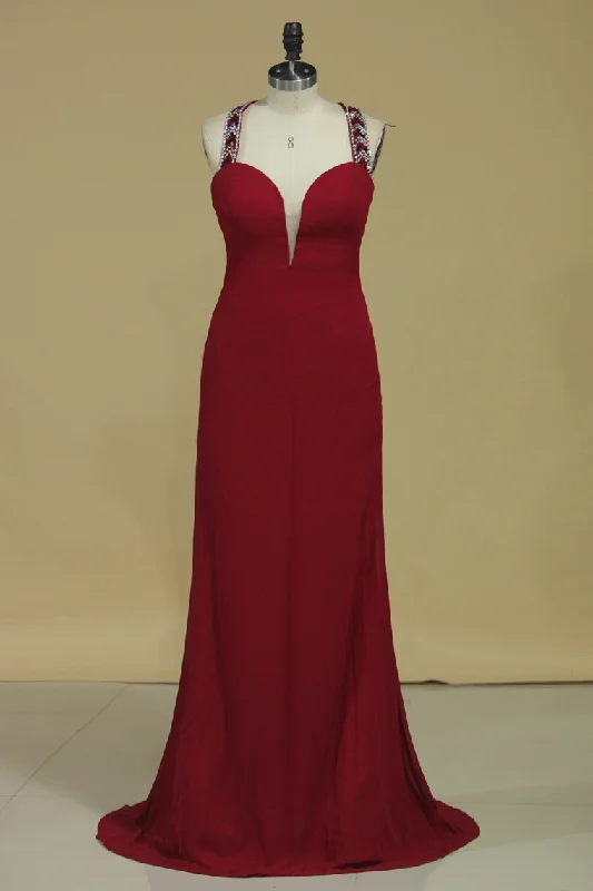 Straps Open Back With Beading Prom Dresses Mermaid Sweep Train