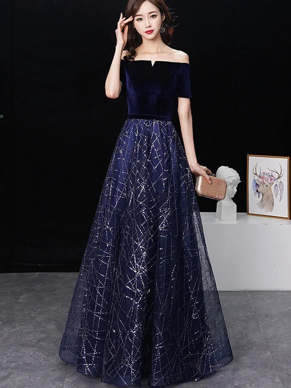 Blue A-Line Off Shoulder Sequined Maxi Formal Dress