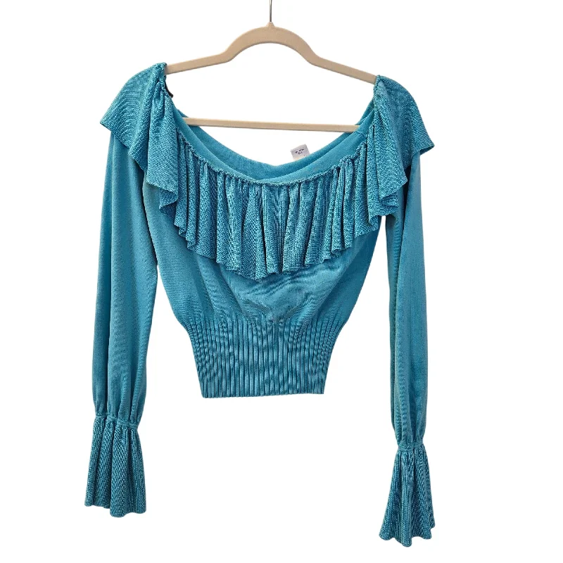 Cache Silk Blend Ruffle Trim Off-the-Shoulder Crop Sweater Size Large/Medium Denim Fabric Leather Fabric Suede Fabric