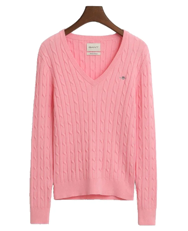 Stretch Cotton Cable V-Neck Sweater - Geranium Pink Solid Print Embellished