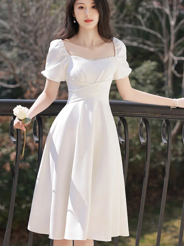 White Red Square Neck A-Line Dress with Puff Sleeve