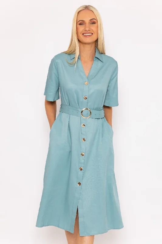 Belted Collar Dress in Blue