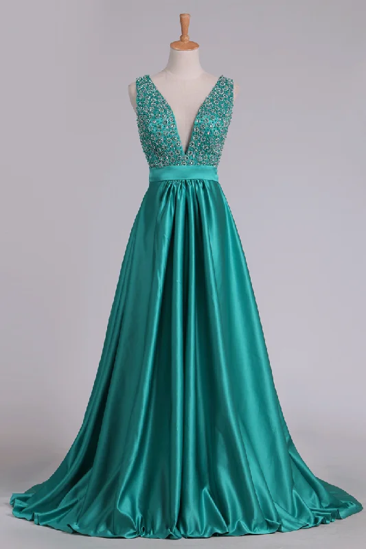 Sweep Train A Line Prom Dresses V Neck Satin With Beading