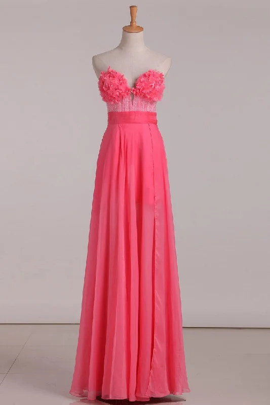 Sweetheart A Line Prom Dresses Chiffon With Beads And Handmade Flowers