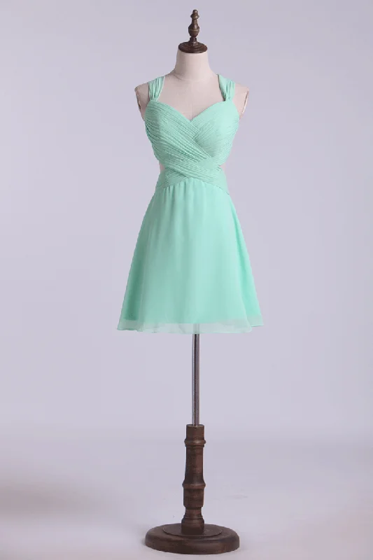 Straps Sexy Backless Dress Pleated Bodice Short Chiffon