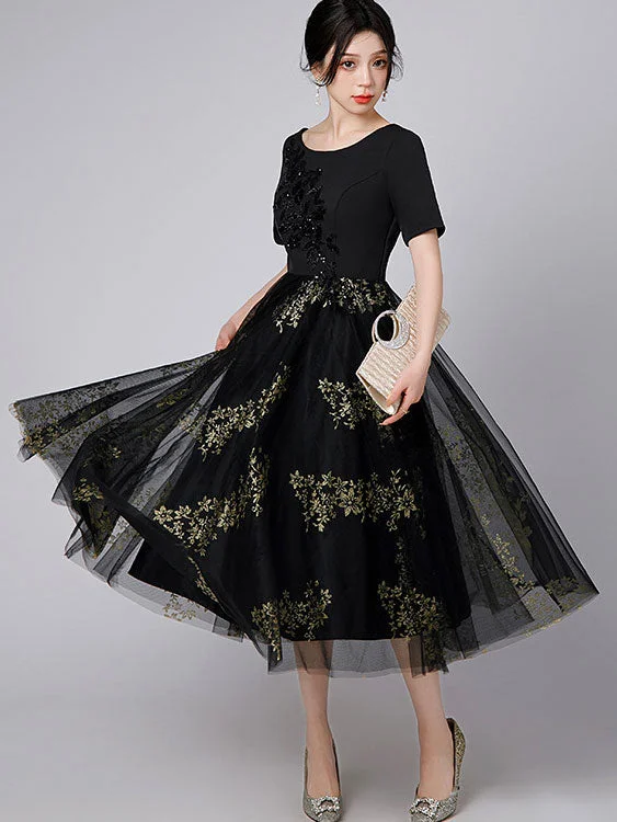 Black Floral Tulle Midi A-Line Prom Dress
