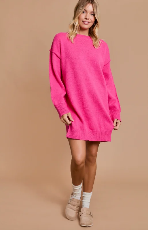 Hot Pink Sweater Dress Hooded Sweater Collared Sweater Shawl Collar