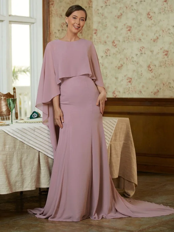 Emilia Sheath/Column Chiffon Ruffles Scoop Long Sleeves Sweep/Brush Train Mother of the Bride Dresses STKP0020360