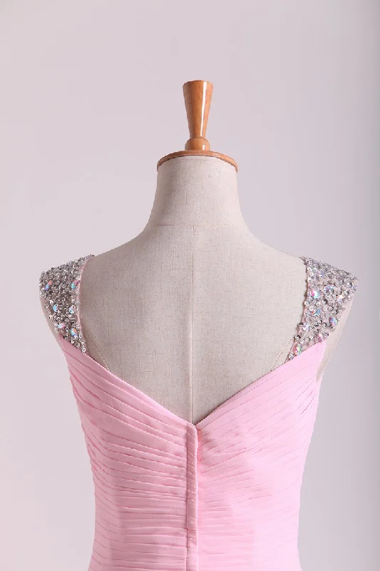 Straps Prom Dresses Beaded Straps Chiffon Floor Length With Ruffles