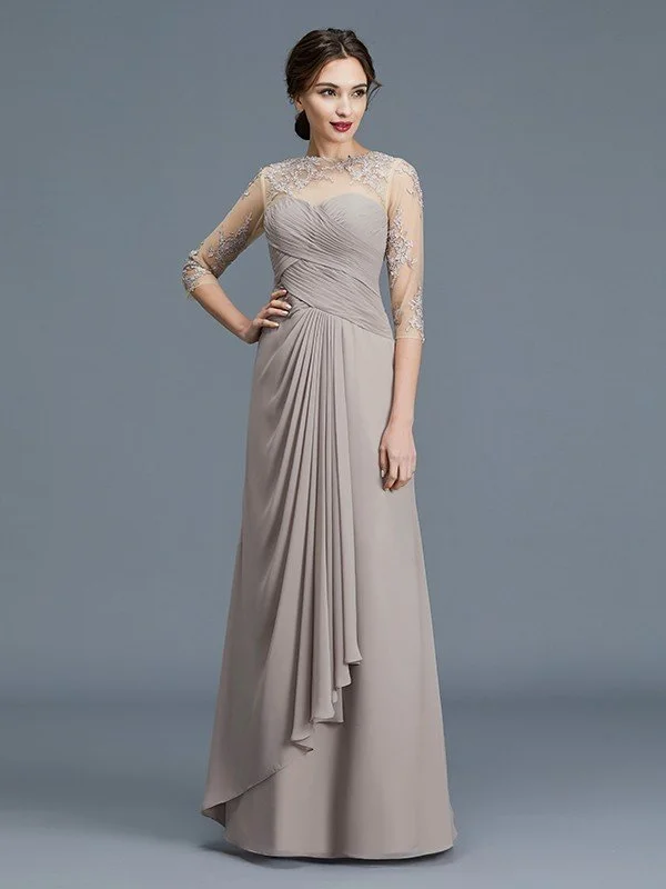 A-Line/Princess Sheer Neck 3/4 Sleeves Ruffles Chiffon Floor-Length Mother of the Bride Dresses TPP0007219