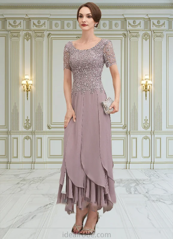 Madelyn A-Line Scoop Neck Ankle-Length Chiffon Lace Mother of the Bride Dress With Cascading Ruffles STK126P0014555
