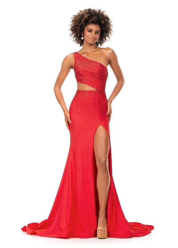 Ashley Lauren 11337 Jersey One Shoulder Fitted Prom Dress with Heat Set Stones