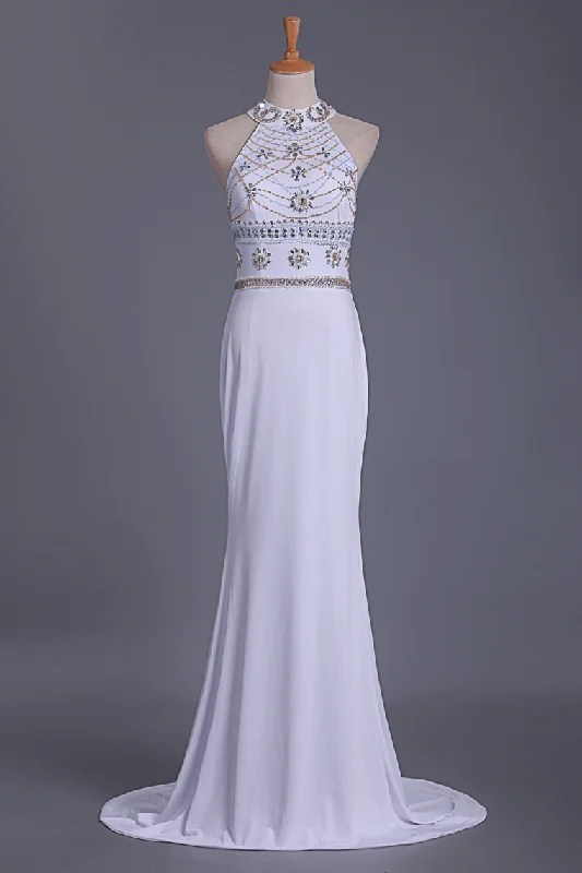 Spandex Prom Dresses High Neck Beaded Bodice Sweep Train Open Back