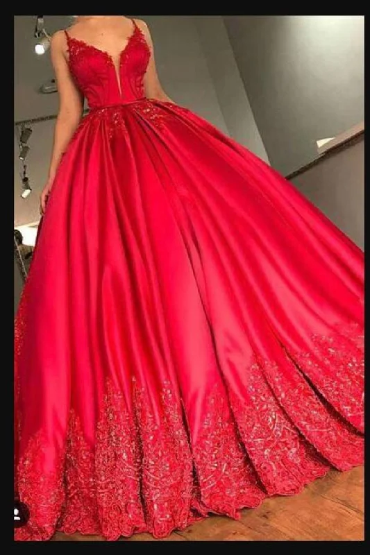 Spaghetti Straps Prom Dresses Satin A Line With Applique And Beads