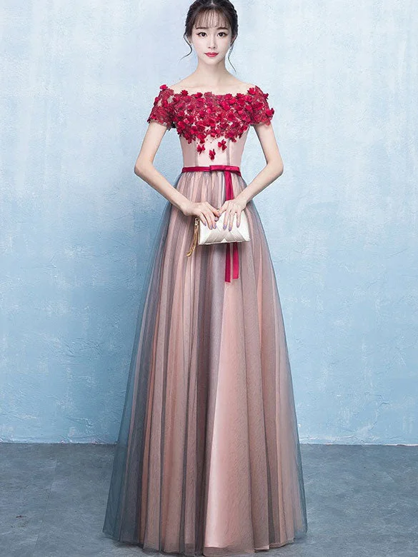 Applique Tulle Belt Maxi Evening Formal Dress