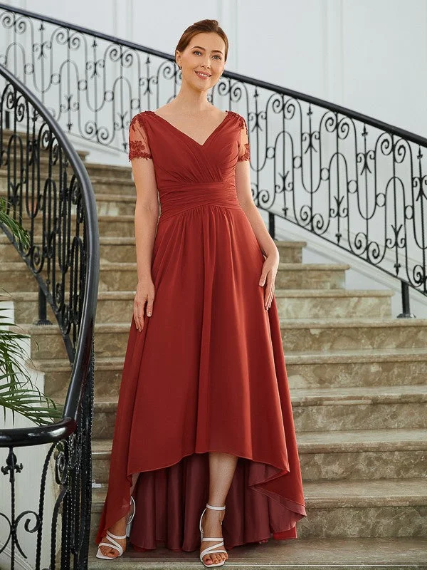 Aryana A-Line/Princess Chiffon Ruched V-neck Short Sleeves Asymmetrical Mother of the Bride Dresses STKP0020273