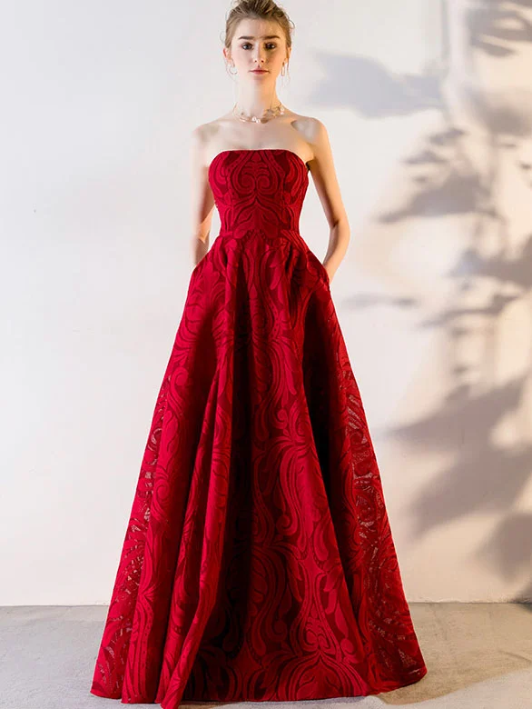 Wine Red Bandeau Maxi A- Line Evening Dress with Cape