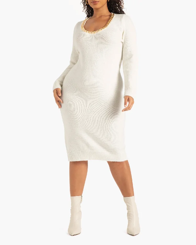 Brandy Scoopneck Sweater Dress with Chain Detail | Ivory Houndstooth Herringbone Solid