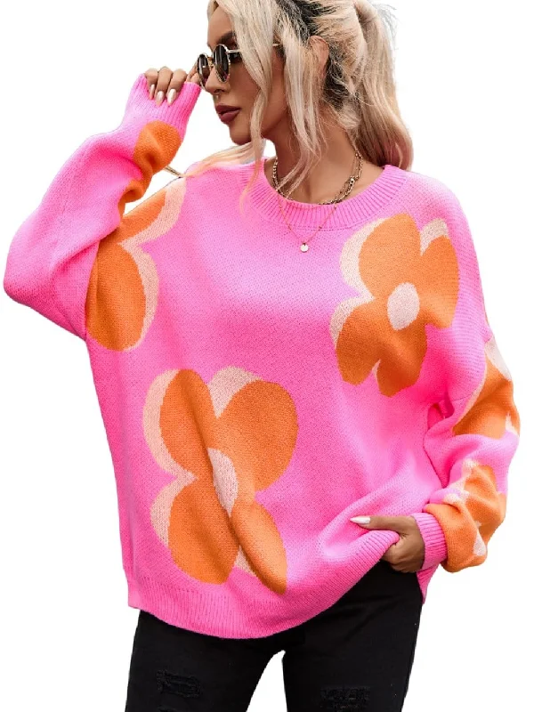 Trendy Floral Knit Sweater Welt Pockets Slit Pockets Flap Pockets