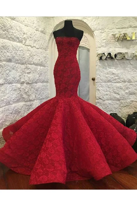Strapless Mermaid Lace Prom Dresses With Beaded Neckline