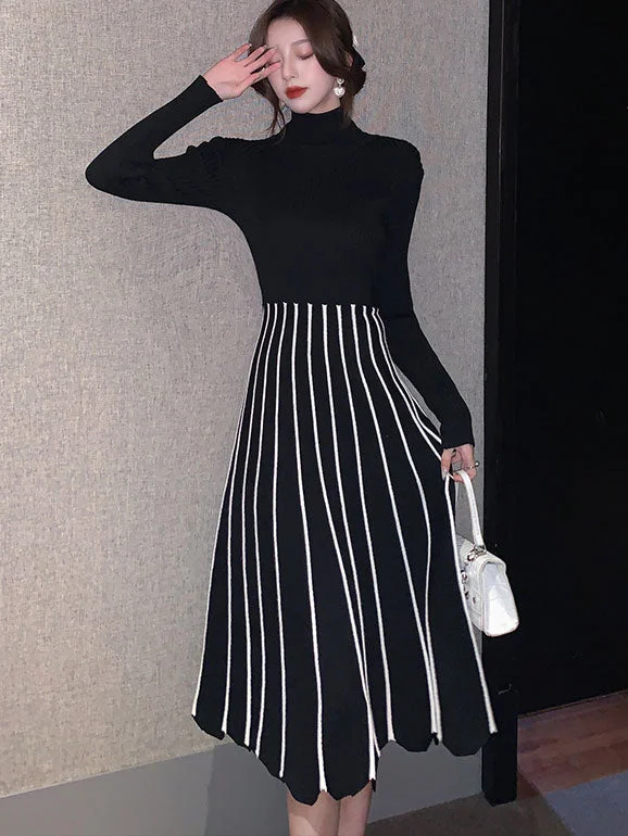 Black Patchwork Stripe Knit Sweater A-line Dress Modern Contemporary Chic
