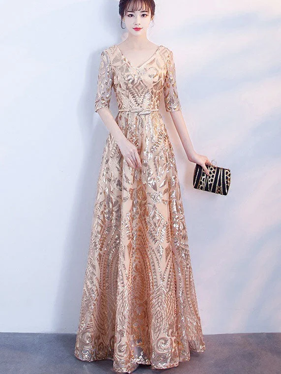 Gold Sequined A-Line Full Length V-neck Prom Dress