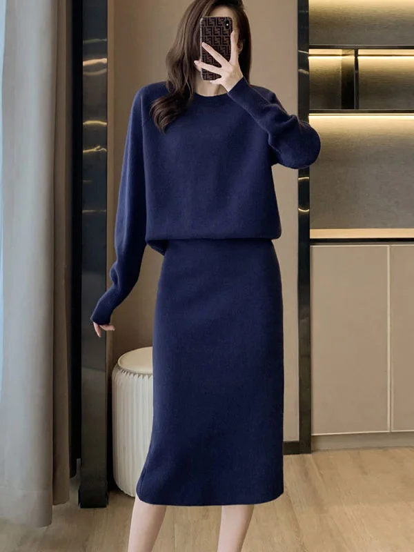 Blue Beige Knit Sweater & Midi Skirt Set Handmade Hand-knitted Hand-woven