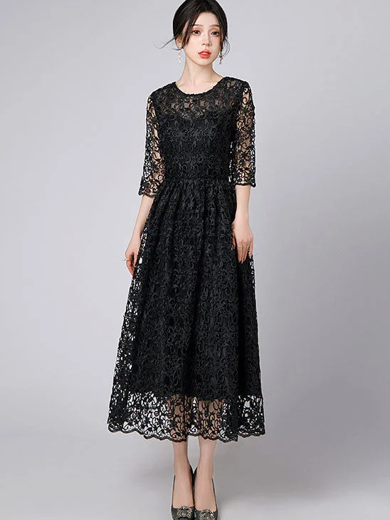 Black Lace Illusion A-Line Maxi Prom Dress