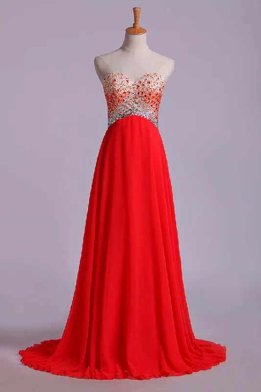 Splendid Sweetheart Prom Dresses A Line Chiffon With Beads Open Back