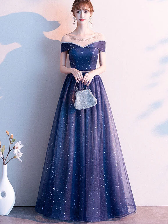 Blue Starry Tulle Prom Dress With Illusion Shoulder