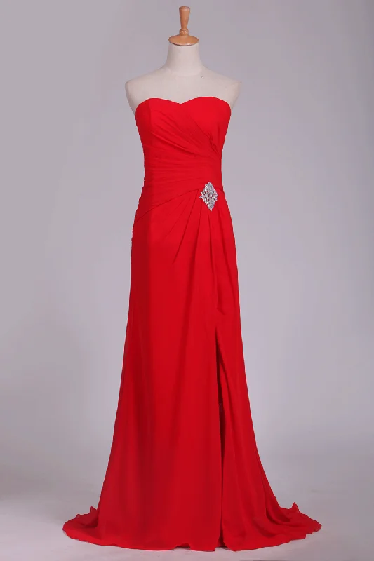 Sweetheart Prom Dress Column Chiffon With Ruffles And Beads