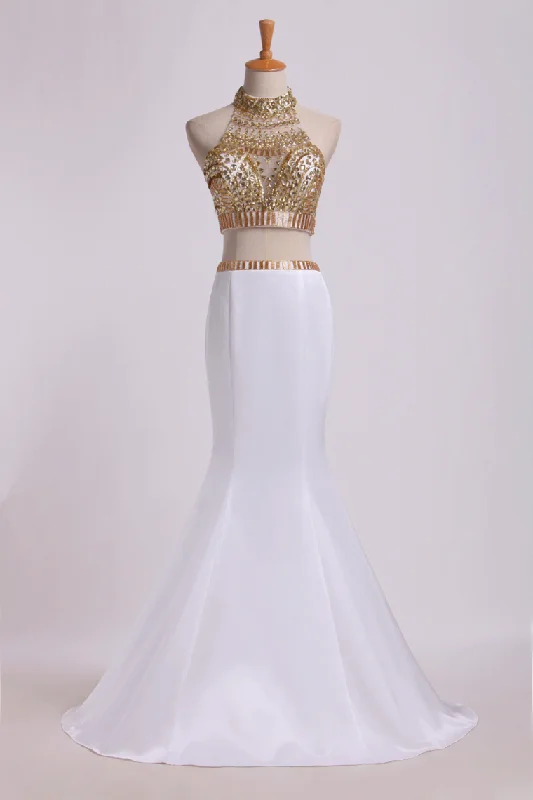 Two Pieces Beaded Bodice High Neck Prom Dresses Trumpet Sweep Train