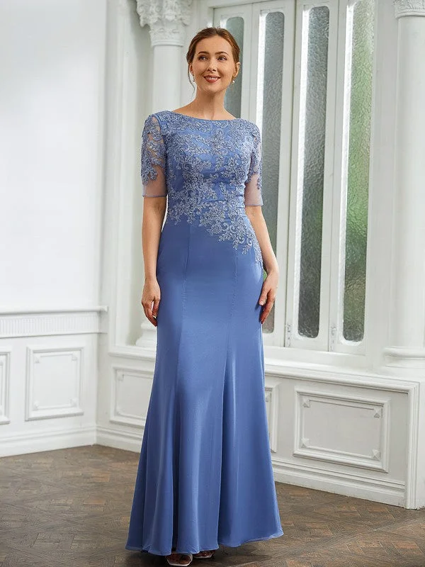 Harriet Sheath/Column Chiffon Applique Bateau Short Sleeves Floor-Length Mother of the Bride Dresses STKP0020272