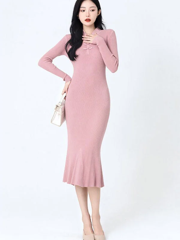 Pink Beige Winter High Neck Knit Sweater Midi Dress Layered Multi-layer Single Layer