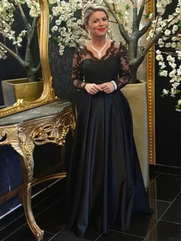 Kenna A-Line/Princess Satin Lace V-neck Long Sleeves Sweep/Brush Train Mother of the Bride Dresses STKP0020439