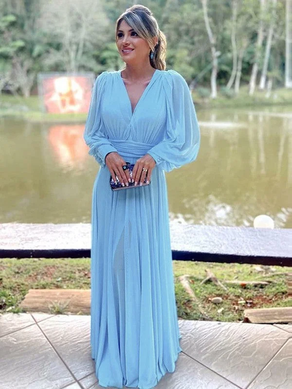 Kamora A-Line/Princess Chiffon Ruffles V-neck Long Sleeves Floor-Length Mother of the Bride Dresses STKP0020376