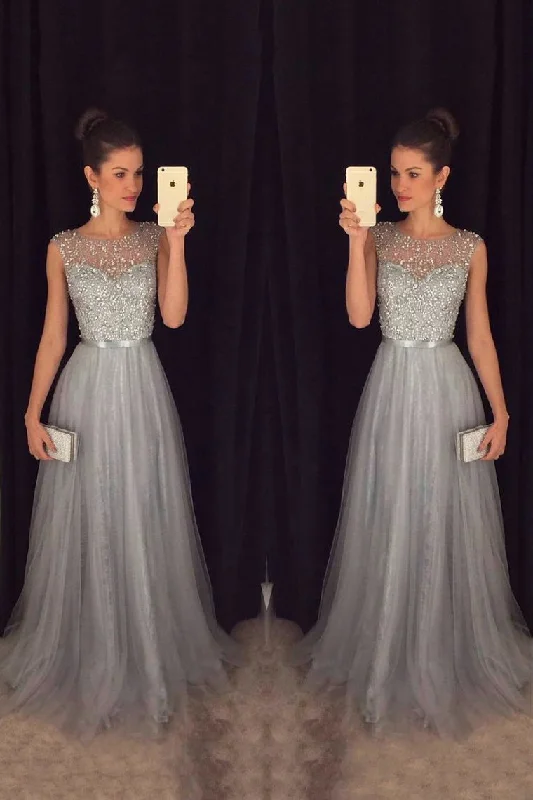 Tulle Scoop A Line Prom Dresses With Sash And Beads Bodice