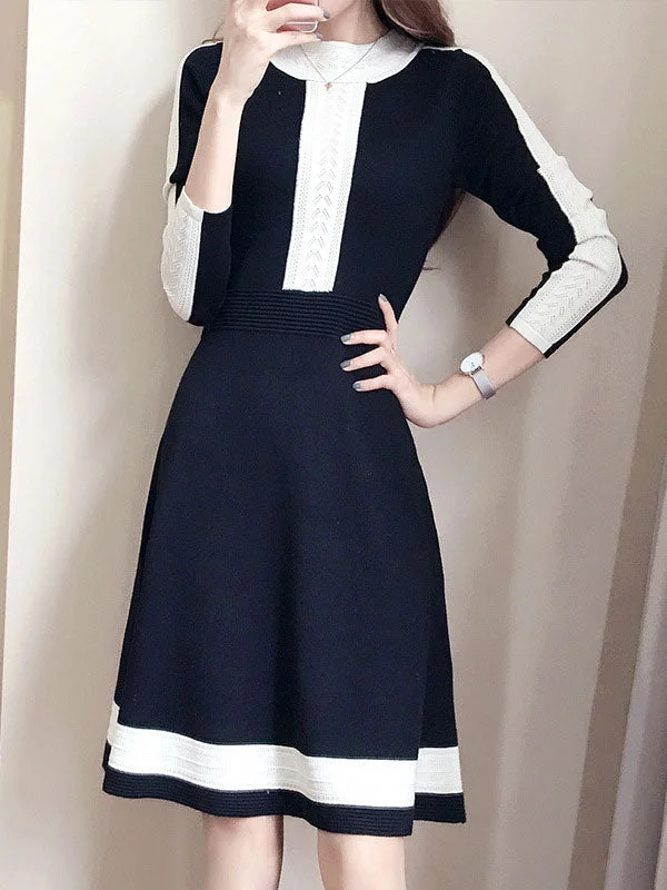 Black Color Block Knit Sweater A-line Dress Velvet Chenille Corduroy