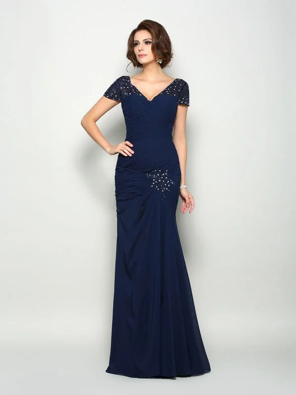 Trumpet/Mermaid V-neck Beading Short Sleeves Long Chiffon Mother of the Bride Dresses TPP0007263