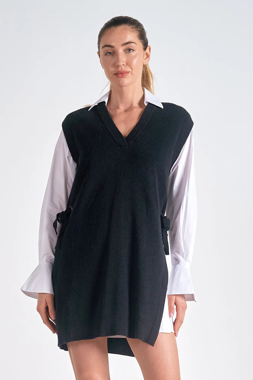 Black White Shirt Sweater Dress Cashmere Blend Cotton Blend Poly Blend