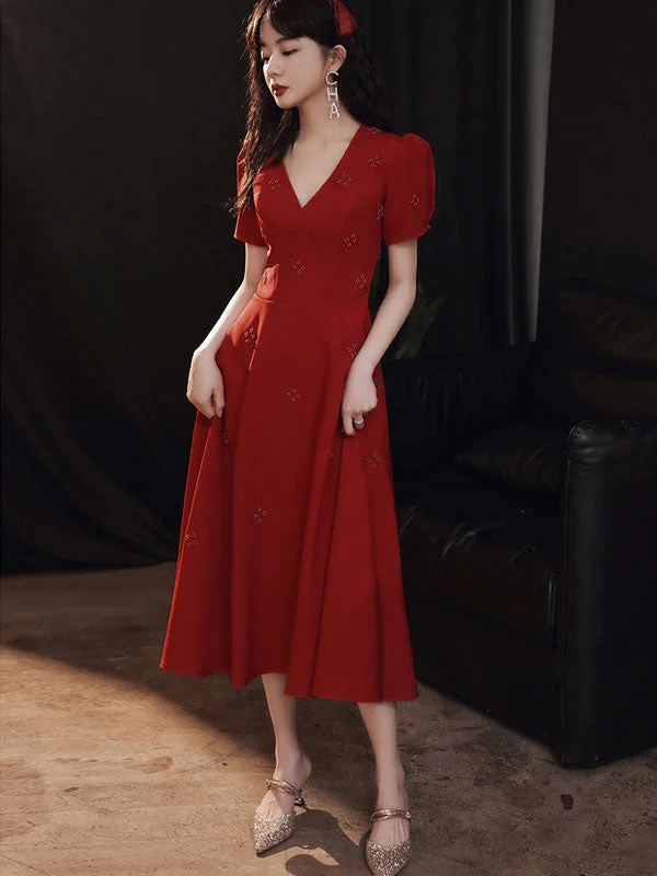 Beaded A-Line V-Neck Dress with Puff Sleeve
