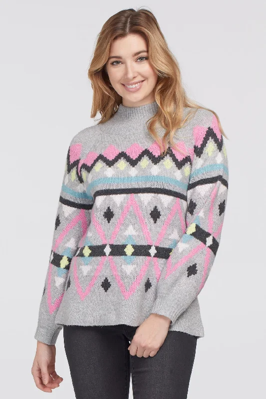 Tribal Intarsia Mock Neck Sweater 7144O-4100-0266 Grey Mix - 1 ONLY SIZE MEDIUM - 20% OFF Wool Sweater Cotton Sweater Cashmere Sweater