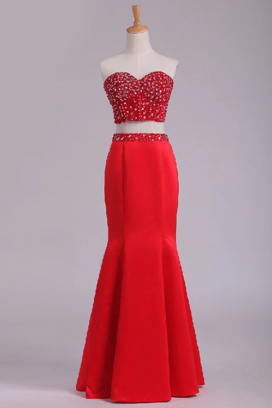 Sweetheart Beaded Bodice Two-Piece Mermaid Prom Dresses Satin