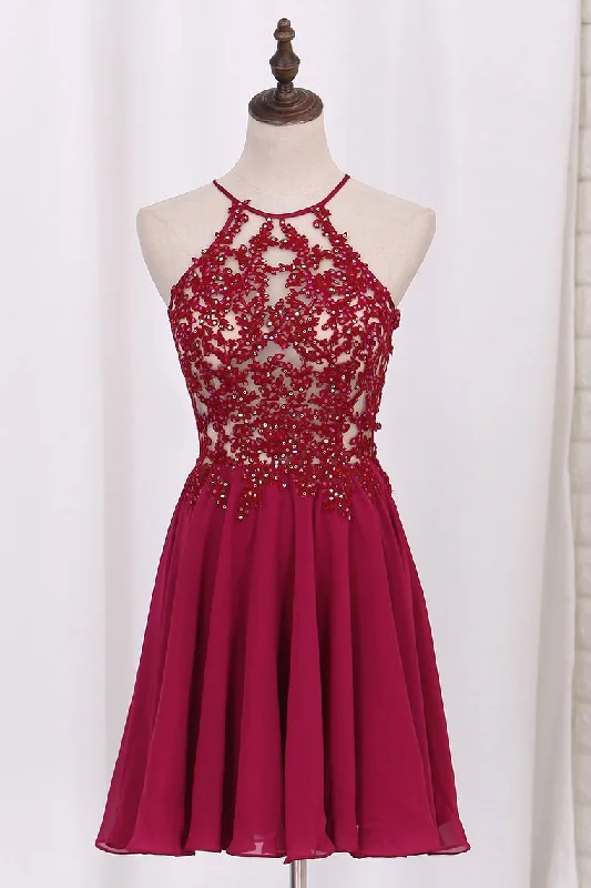 Spaghetti Straps Prom Dresses A Line 30D Chiffon With Applique Short/Mini