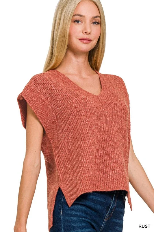 I Will Be There Rust Side Slit Sweater Vest Real Fur Shearling Chenille