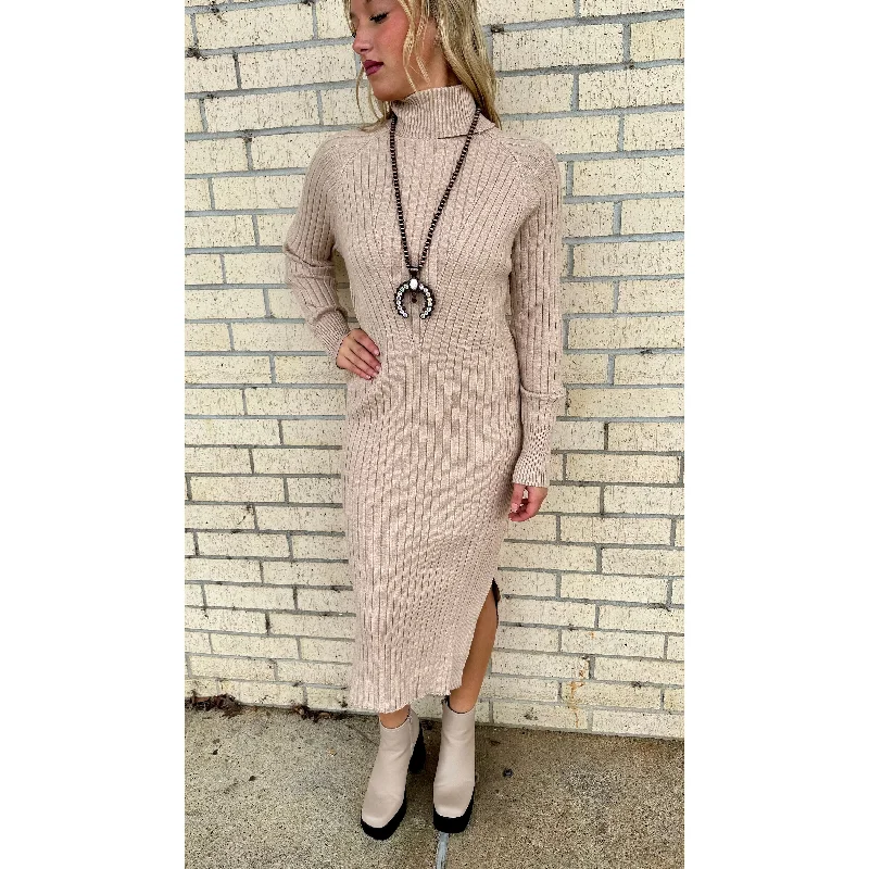 Tenli Tan Ribbed Sweater Dress Casual Formal Business